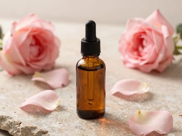A minimalist amber glass dropper bottle on a wet natural stone with soft pink rose petals, diffused warm daylight, shallow depth of field