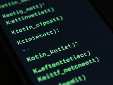 Close-up of a high-end mobile screen displaying clean Kotlin code, dark mode, emerald green syntax highlights, sharp technical focus