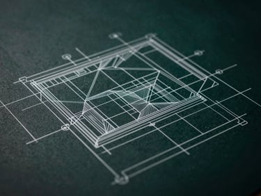 Abstract architectural blueprint, clean geometric white lines on a deep charcoal background, technical drafting style