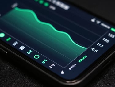 Macro lens close-up of a high-end Android device screen displaying complex performance data charts, dark moody lighting, emerald green accents, sharp focus