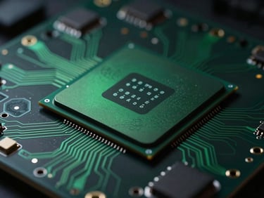 Macro shot of high-end mobile processor on dark circuit board, sharp emerald green trace lines, low-key directional studio lighting