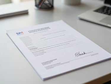 Close-up of signed Philippine corporate registration documents on a clean slate-gray office desk, soft natural light, professional setting