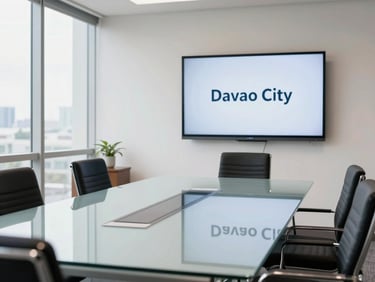 Bright, professional meeting room in Davao City, clean glass table, modern presentation screen on the wall, comfortable chairs, natural light