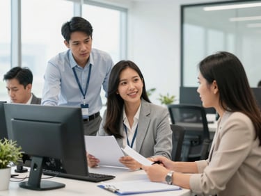 Bright corporate photography, professional workspace, medium shot of Filipino business professionals collaborating in a modern Davao office, 35mm