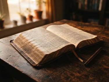 Warm editorial photography of an open leather-bound Bible on a dark wooden table, soft golden-hour window light illuminating the textured pages, gentle low-key shadows, 35mm