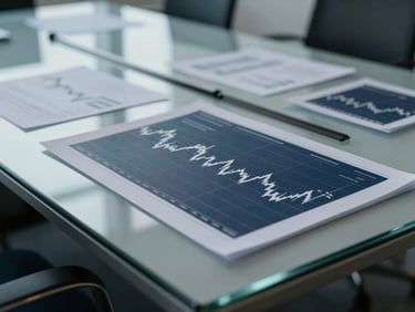 Close-up of analytical financial charts on a sleek glass boardroom table, cool overcast natural light, sharp focus, 35mm