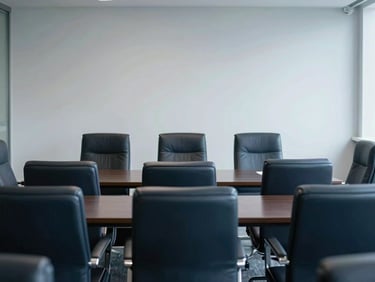 Structured corporate meeting room with clean lines, empty leather chairs, soft shadows, cool overcast daylight, 35mm