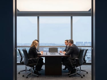 Structured corporate meeting room with natural overcast light, architectural framing, sharp focus, 35mm