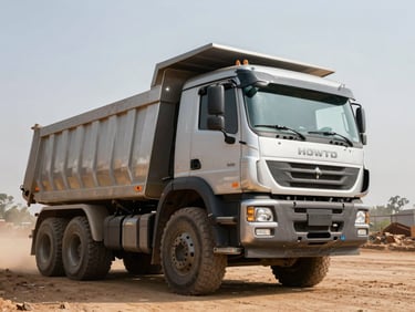 Sinotruk HOWO 8x4 heavy dump truck parked in a dusty Congolese mining concession, metallic cabin reflecting harsh sun, industrial framing, 35mm