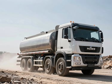 Sinotruk HOWO water tank truck spraying water to control dust on a mining road, low-angle action shot, metallic tank, high-contrast daylight, 35mm