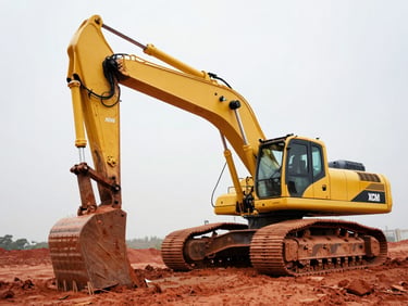 Low-angle heroic shot of a massive yellow XCMG XE490DK crawler excavator digging into red-dirt terrain, high-contrast metallic textures, harsh natural daylight, 35mm