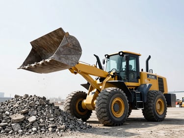 Yellow XCMG ZL50GN wheel loader lifting a full bucket of crushed rock, high-contrast industrial yard setting, harsh sun, 35mm