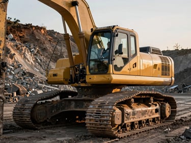Close-up of a technician checking the heavy metallic track of a massive excavator in an open-pit mine, dramatic golden hour lighting, high-contrast industrial photography, 35mm