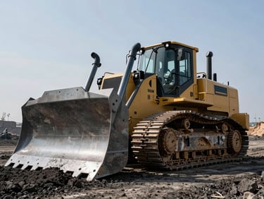 Heavy Shantui SD22 bulldozer pushing dark earth on an active mining site, low-angle framing, metallic tracks covered in dust, dramatic daylight, 35mm