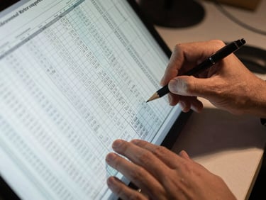 Close-up overhead view of hands annotating a dense financial spreadsheet on a large monitor, a mechanical pencil resting beside printed data rows, cool desk-lamp task lighting casting sharp shadows, paper edge visible at frame bottom