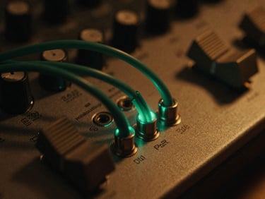 Macro close-up of a vintage analog synthesizer patch bay, glowing terminal green cables, moody chiaroscuro lighting, warm amber accents, 35mm film grain