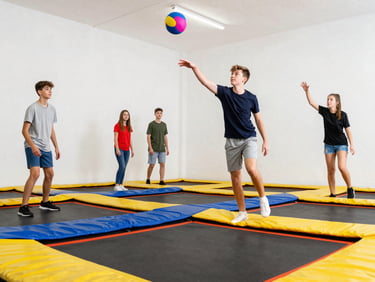 Action-freezing shot of teenagers playing dodgeball on trampolines, throwing a ball mid-air, energetic dynamic framing, bright indoor lighting