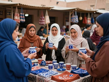 Group of women proudly displaying handcrafted products in a bustling market stall, warm Moroccan sunlight, authentic candid framing.