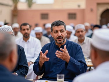 صورة لرجل مغربي في منتصف العمر، يرتدي جلبابًا، يتحدث بحماس في تجمع ثقافي، إضاءة ذهبية، 35mm