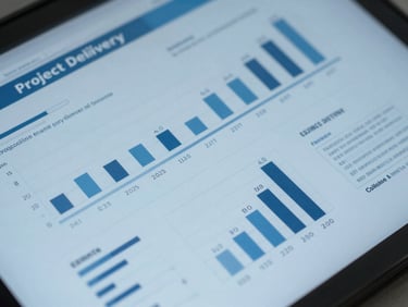 Close-up of clean, geometric data visualization showing project delivery timelines and ROI metrics, cool blue tones
