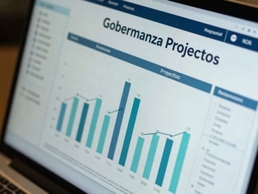 Vista macro de un cuadro de mando financiero y de gobernanza de proyectos en una pantalla de alta resolución con tonos azules y cianes