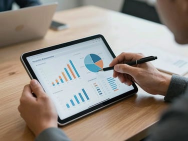 Primer plano de un profesional analizando gráficos de rendimiento y KPIs en una tablet en una sala de juntas iluminada