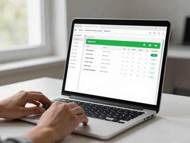 Laptop screen on a clean office desk showing an order dashboard with approval status bar highlighted in green, natural daylight from a window to the left, hands resting near keyboard