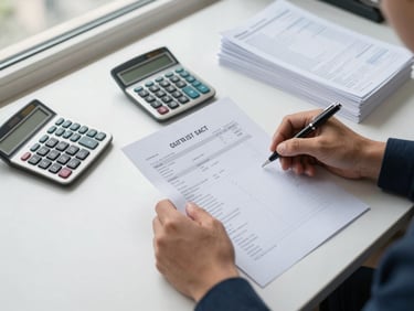 Overhead desk shot under office window light — a business owner's hands sorting through GST return printouts and invoice stacks, a calculator beside them, a pen marking figures, no face visible