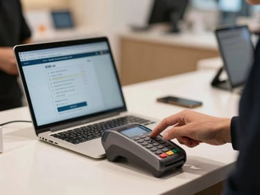 Close-up of a shop counter mid-transaction — a customer's hand tapping a card reader, a laptop screen beside it displaying an EMI plan breakdown, clean retail interior lighting, shallow focus on the screen