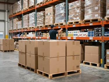 Wide shot of a retail warehouse under clean daylight — shelves mid-restock, cardboard inventory boxes stacked in the foreground, a worker's hands placing product on a shelf, clean concrete floor, no faces visible