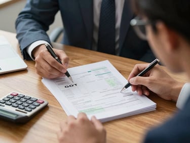 Business owner at a wooden desk reviewing a stack of GST invoices under bright office fluorescent light, pen in hand mid-annotation, calculator and documents visible in frame