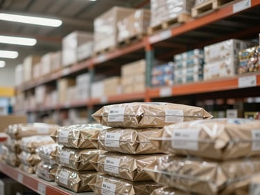Close-up of retail shelves being restocked mid-process, stacked packaged goods in foreground, warehouse fluorescent overhead lighting, shallow depth of field on inventory labels