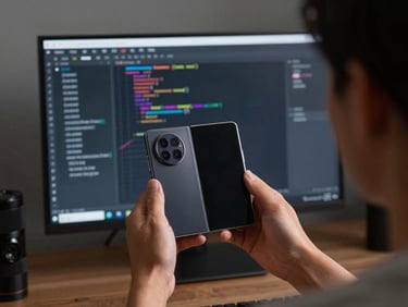 Over-the-shoulder view of a developer testing a foldable Android device, clean Kotlin code visible on an ultra-wide monitor in the background, low-key lighting.