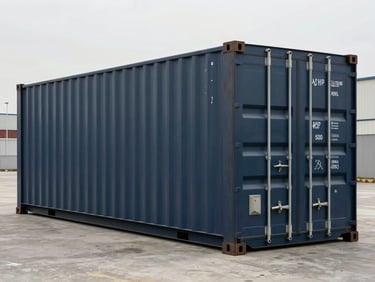 Standard 20ft one-trip shipping container in dark navy, pristine condition, sitting on concrete.