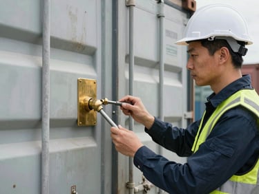 A certified inspector checking the brass manufacturer plate and heavy locking rods of a cargo-worthy shipping container.