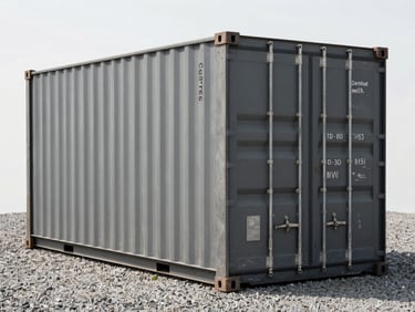 A certified used 20ft cargo-worthy shipping container, weathered slate grey steel, showing minor cosmetic dings but structurally perfect, on gravel.