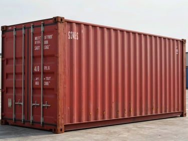 A certified used 40ft standard shipping container, industrial red oxide primer color, weathered but completely sound and secure, in a shipping yard.