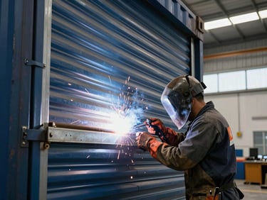 Close-up of a welder installing a heavy-duty steel roll-up door on a navy blue shipping container in a bright industrial workshop.