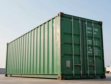 Heroic low-angle shot of a new 40ft High Cube shipping container in forest green steel, showing massive scale, under crisp morning sunlight.