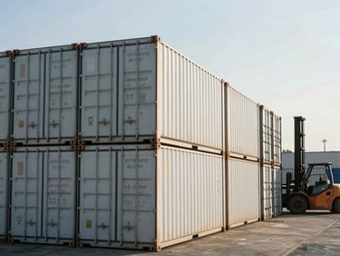 A row of pristine 40-foot shipping containers stacked neatly in a Baltimore yard under clear morning light, heavy forklift visible in background.