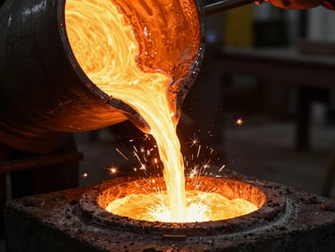 Molten aluminum being poured from a graphite crucible into an investment mold, high-contrast warm orange glow, sparks flying