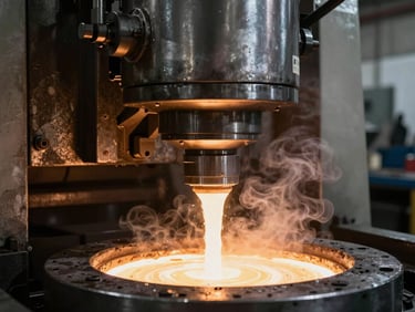 A heavy automated pressure die casting machine closing, steam rising from coolants, industrial metallic textures