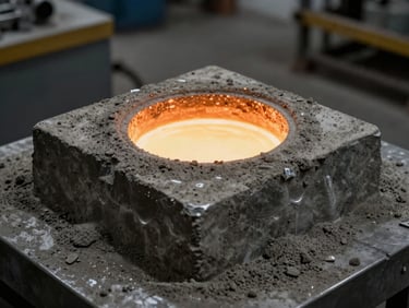 A precision sand-mold being assembled on the foundry floor, textured sand surfaces, industrial scale