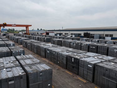 Panoramic view of a scrap metal processing yard, organized rows of pressed metal bales under flat overcast daylight, a gantry crane visible at the left edge, muted charcoal and steel-grey palette