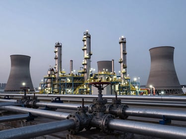 Wide shot of a petroleum refinery complex at dusk, cooling towers and distillation columns stretching across the frame, cool overcast industrial light, pipes and flanges in sharp foreground detail, muted steel-grey and charcoal tones