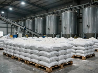 Wide shot of a fertilizer storage and bagging facility interior, rows of bulk bags stacked on pallets under cool industrial overhead lighting, conveyor systems in the midground, muted grey and white tones