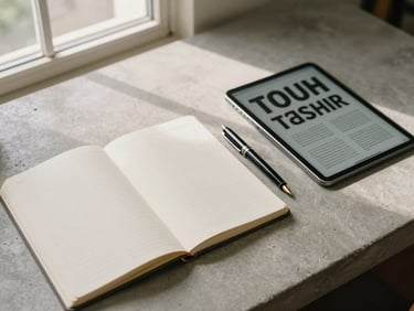 A top-down view of a minimalist concrete desk. An open notebook with clean grid lines lies next to a sleek fountain pen and a high-end digital tablet displaying typography layouts. Natural side-window light casts soft, architectural shadows.