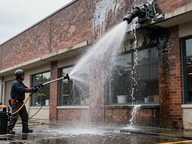 Environmental shot of a commercial building exterior being power washed, water running down a brick facade stripping years of grime, crew member visible at left, overcast daylight