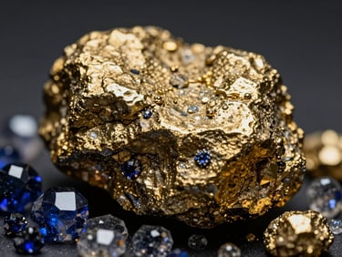 Extreme macro detail shot of raw gold ore and deep cobalt crystals under sharp high-contrast lighting, metallic highlights, cinematic corporate style