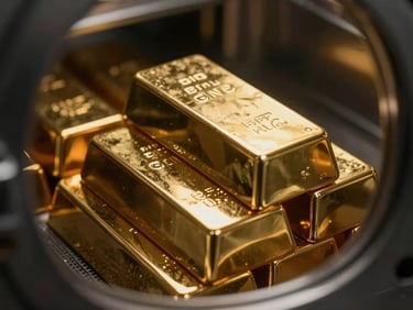 Macro shot of physical gold bullion bars stacked in a secure vault, metallic gold highlights, low-key lighting.